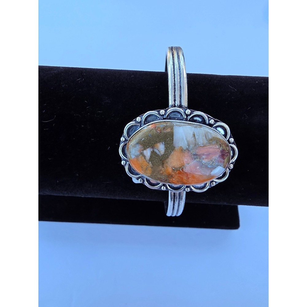 Honey Dendritic Opal Scalloped Cuff Bracelet Silver Tone Southwestern Boho